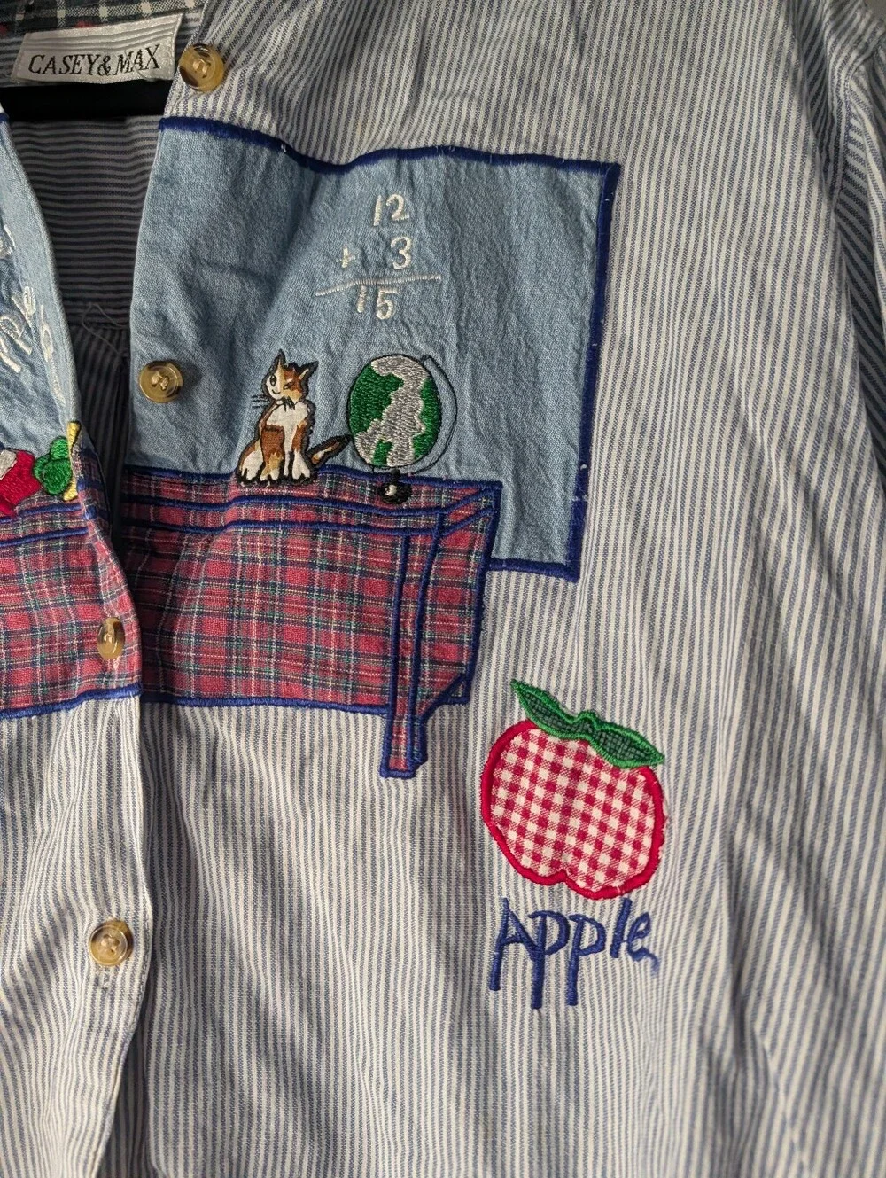 Vintage Casey & Max Women’s Large Teacher School Embroidered Button Shirt Apple